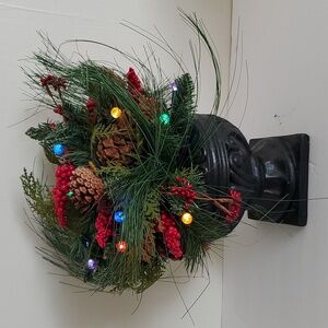 Christmas Black Vase with Winter Greenery and Lights